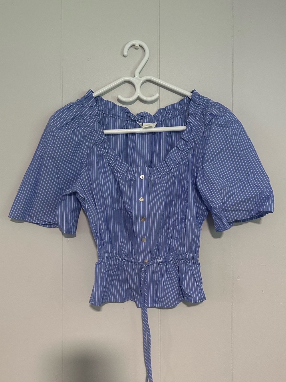 H&M Blue Pinstripe Puff Sleeve Peplum Blouse